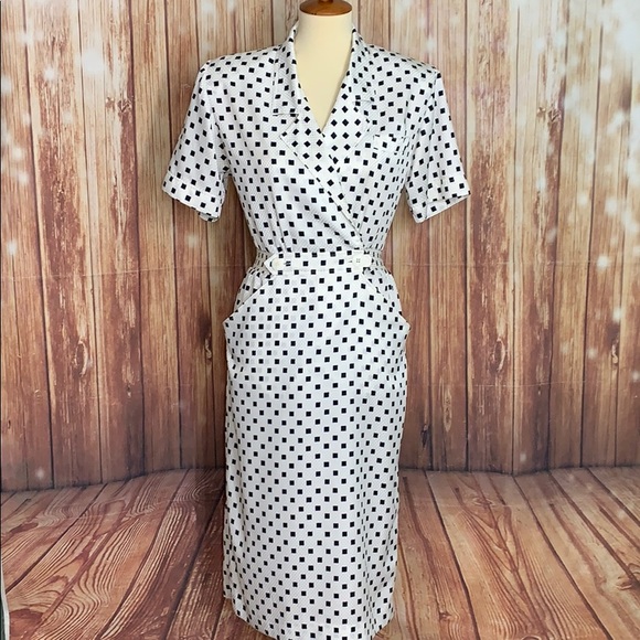 Vintage Dresses & Skirts - KASPER ASL VTG White Black Square Dots Wrap Dress
